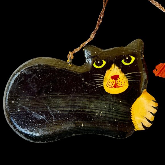 Vintage Wood Black Cat Christmas Hanging Ornament Hand Painted DOUBLE SIDED - Picture 5 of 8